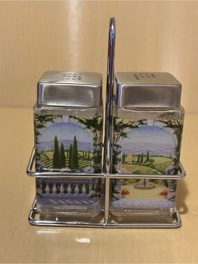 Italian Scene Glass Salt and Pepper Set with Caddy